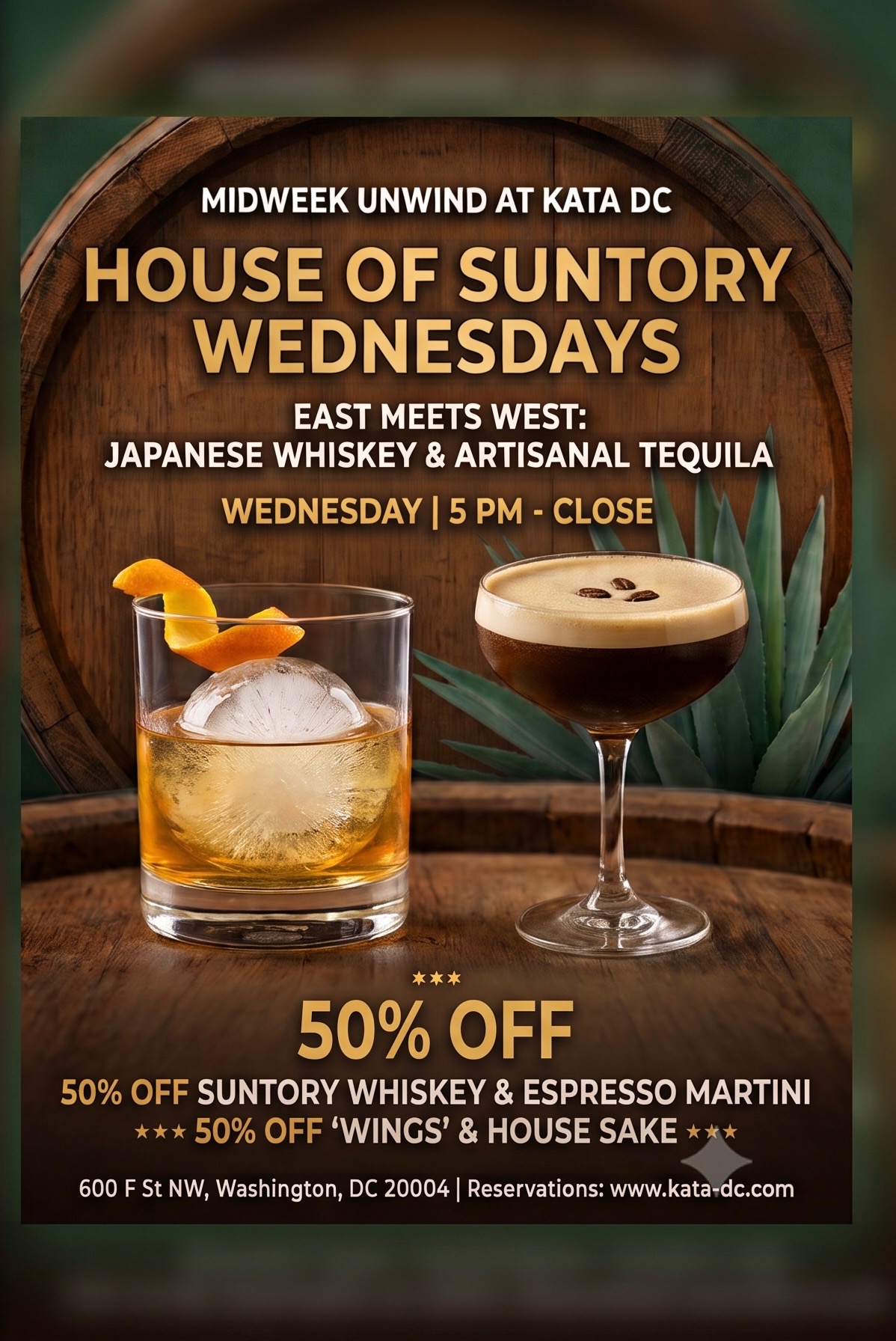 House of Suntory Wednesdays flyer with whiskey and an espresso martini